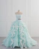 Light Blue A-Line Strapless Tulle Lace Long Prom Dress Vintage Wedding Dress HZ1108