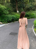 Gentle style pleated waist dress with suspenders HZ1108