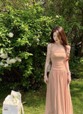 Gentle style pleated waist dress with suspenders HZ1108