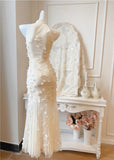 Light Apricot Mermaid Turtleneck Tulle 3D Flower Prom Dress HZ1108