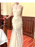 Light Apricot Mermaid Turtleneck Tulle 3D Flower Prom Dress HZ1108