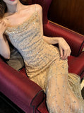 Flesh Pink Spaghetti Strap Mermaid Tulle Sequined Prom Dress Birthday Dress HZ1108