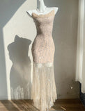 Flesh Pink Spaghetti Strap Mermaid Tulle Sequined Prom Dress Birthday Dress HZ1108