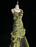 Dark Green Retro Mermaid Irregular Neckline Satin Beaded Long Prom Dress Birthday Graduation Prom Dress HZ1108