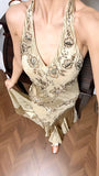 Gold Mermaid Halter Satin Beaded Applique Prom Dress HZ1108