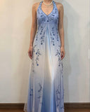 Vintage Gradient Purple Sheath Halter Neck Satin Prom Dress with Beaded Appliques HZ1108