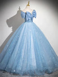 Light Blue A-Line Off Shoulder Tulle Sequins Long Prom Dress Evening Dress HZ1108