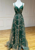 Grey A-Line Spaghetti Strap Tulle Long Prom Dress Sequins Evening Gown with Slits HZ1108