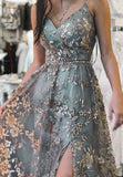 Grey A-Line Spaghetti Strap Tulle Long Prom Dress Sequins Evening Gown with Slits HZ1108
