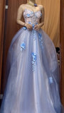 Backless A-Line Spaghetti Strap Tulle Applique Long Prom Dress Sweet Evening Dress HZ1108