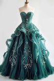 A-Line Sweetheart Neck Tulle Long Prom Dress Vintage Strapless Beaded Evening Gown HZ1108