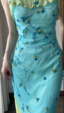 Vintage Spaghetti Strap Chiffon Sheath Ruffle Beaded Blue and Green Spliced Ball Dress Party Birthday Dress HZ1108