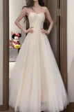 Gentle White Spaghetti Strap A-Line Tulle Sequin Long Prom Dress Simple Birthday Graduation Dress HZ1108