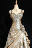 Sparkling A-Line V-neck Satin Backless Long Prom Dress Formal Evening Dress Graduation Prom Dress HZ1108