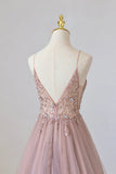 Pink Tulle Long A-Line Prom Dress, Pink Spaghetti Formal Dress with Beaded HZ1108
