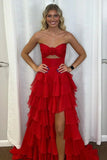 Cute Hot Pink A-Line Strapless Chiffon Long Prom Dress Layered Slit Sleeveless Evening Gown HZ1108