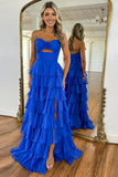 Cute Hot Pink A-Line Strapless Chiffon Long Prom Dress Layered Slit Sleeveless Evening Gown HZ1108