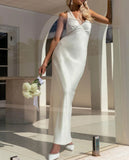 Sexy V-neck Sheath Halter Satin Backless Long Prom Dress Pretty Evening Dress HZ1108