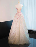 Beautiful Pink Beaded Flowers A-Line Strapless Long Prom Dress Gorgeous Formal Evening Dress HZ1108