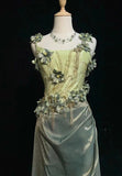 Vintage Olive Green Spaghetti Straps Sheath Beaded Prom Dress Gorgeous 3D Flowers Formal Evening Dress HZ1108