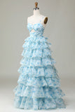 ?? Enchanted Blue A-Line Evening Gown ¨C Sweet Floral Layered Prom Dress for Special Occasion HZ1108