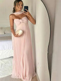 Strapless A Line Pink Long Prom Dress Pleated Formal Party HZ1108