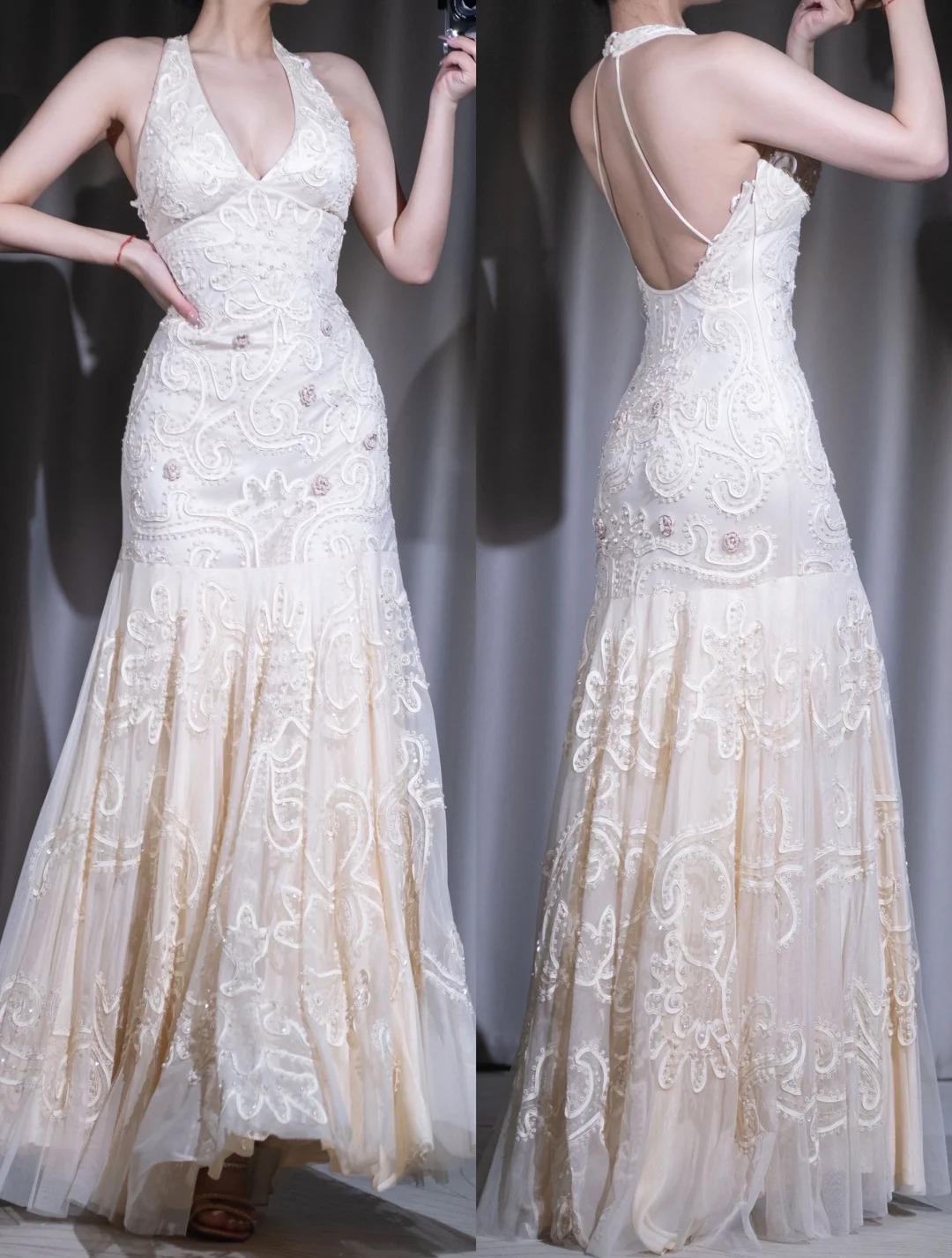 2000s Apricot Mermaid Chiffon Beaded Prom Dress for Party&Birthday Ekegant Backless Halter Evening Gown HZ1108