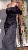 Sexy Black Spaghetti Strap Chiffon Beaded Long Prom Dress Vintage Backless Party Dress HZ1108