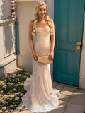 Elegant Pearl Pink Mermaid Spaghetti Straps Glitter Sequin Train Prom Dresses HZ1108