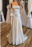 Elegant Spaghetti Straps Mermaid Wedding Dress Satin Beading Long Prom Dress Simple Formal Evening Dress HZ1108