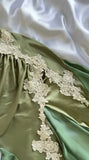 Elegant Olive Green Spaghetti Straps Satin Party Dress Vintage Lace Applique Chiffon Mermaid Evening Dress HZ1108