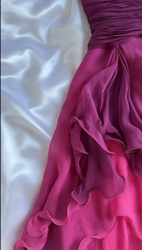 Fairytale Gothic V-neck A-Line Chiffon Party Dress Vintage Gradient Pink Short Prom Dress HZ1108