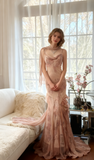Vintage Spaghetti Straps Printed Chiffon Sheath Sparkling Beaded Evening Dress HZ1108