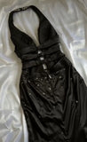 Elegant Black Deep V Neck Satin Mermaid Party Dresses Vintage Backless Beaded Evening Dress HZ1108