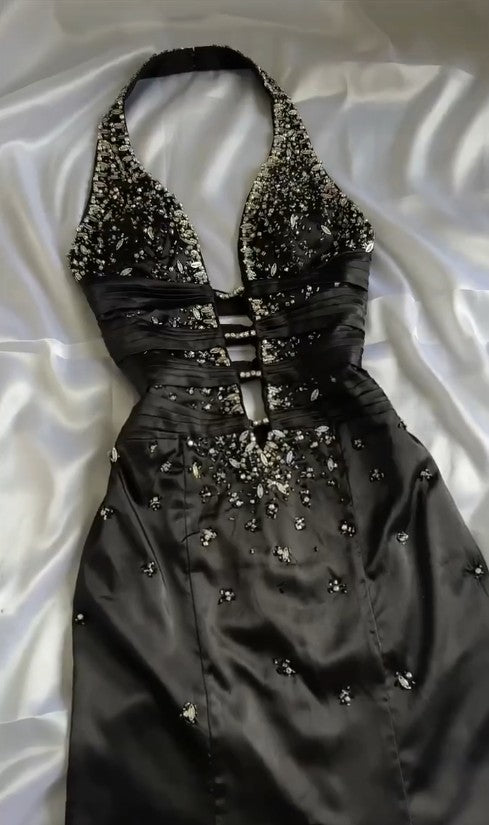 Elegant Black Deep V Neck Satin Mermaid Party Dresses Vintage Backless Beaded Evening Dress HZ1108