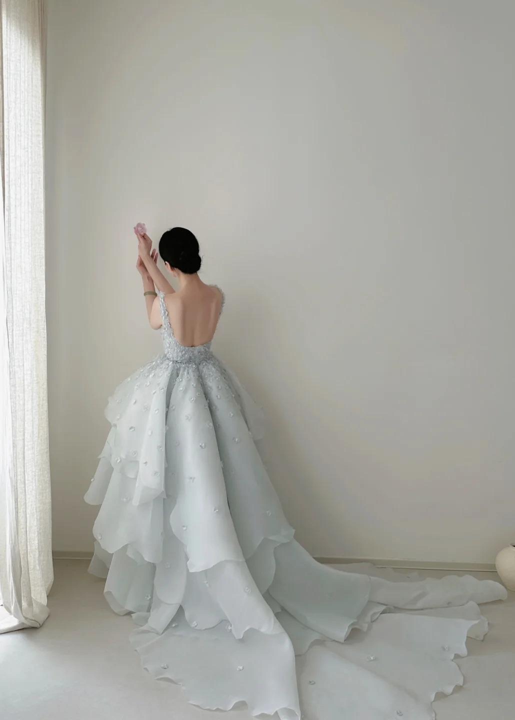 Fairytale Spaghetti Straps A-Line Open Back Chiffon Layered Train Wedding Dresses HZ1108