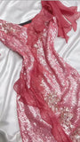 Sparkly Hot Pink Spaghetti Strap Bodycon Sequin Party Dress Prom Dresses with Slits HZ1108