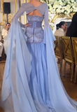 Glam Purple Sheath Tulle Beaded Sleeves Long Prom Dresses HZ1108