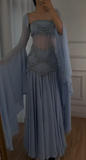Glam Purple Sheath Tulle Beaded Sleeves Long Prom Dresses HZ1108