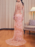 Gorgeous Lace Beaded Spaghetti Straps Tulle Sheath Long Prom Dress Charming Evening Party Dress HZ1108