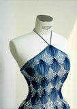 Fashionable Ocean Blue Halter A-Line Tulle Sequin Wedding Dress Long Prom Dress HZ1108