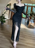 Enchanted Purple Square Neck Chiffon Long Sleeve Bodycon Party Dresses HZ1108