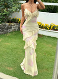 Sexy Yellow V-Neck Sheath Chiffon Ruffle Spaghetti Straps Party Dress HZ1108