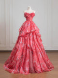 Gorgeous Red A-Line Strapless Printed Tulle Wedding Dress Sweet Long Prom Dresses HZ1108