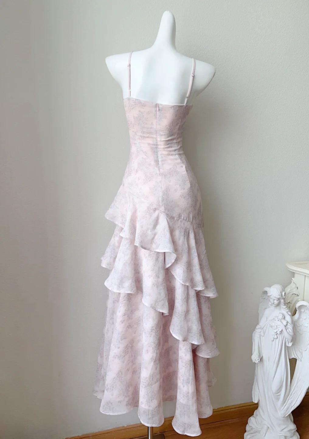 Fairytale Pink Spaghetti Straps Long Prom Dress Formal Dresses Chiffon Ruffles Layered Stunning 18th Birthday Party Dresses HZ1108