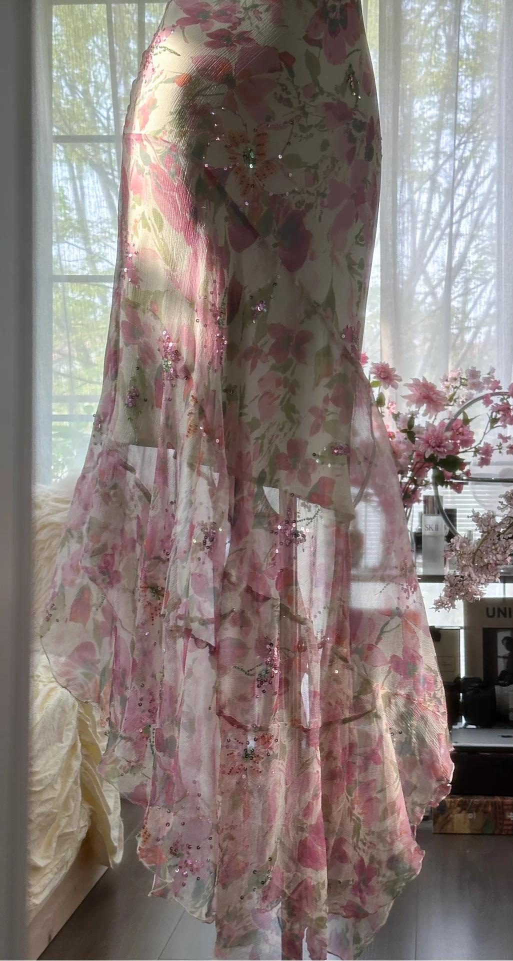 Gentle Printed Chiffon Sequin Mermaid Formal Dresses Spaghetti Strap Vintage Evening Dress HZ1108