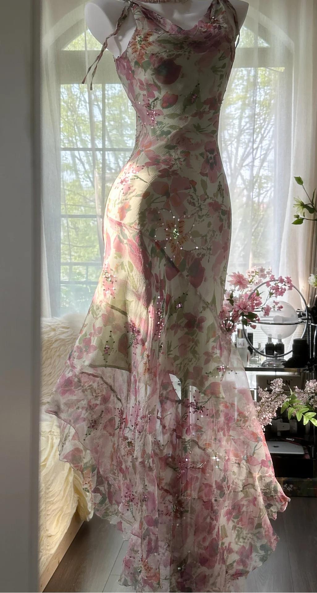 Gentle Printed Chiffon Sequin Mermaid Formal Dresses Spaghetti Strap Vintage Evening Dress HZ1108