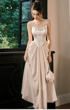 Light Champagne French Pearl Pendant Party Dress Satin Spaghetti Straps Chiffon Birthday Dress HZ1108