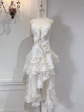 Sweet Light Apricot Spaghetti Strap Chiffon Ruffle Hi-Lo Birthday Party Dress HZ1108
