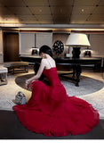 Retro Red Spaghetti Strap Chiffon Ruffles A-Line Prom Dresses Gorgeous Birthday Party Dress HZ1108